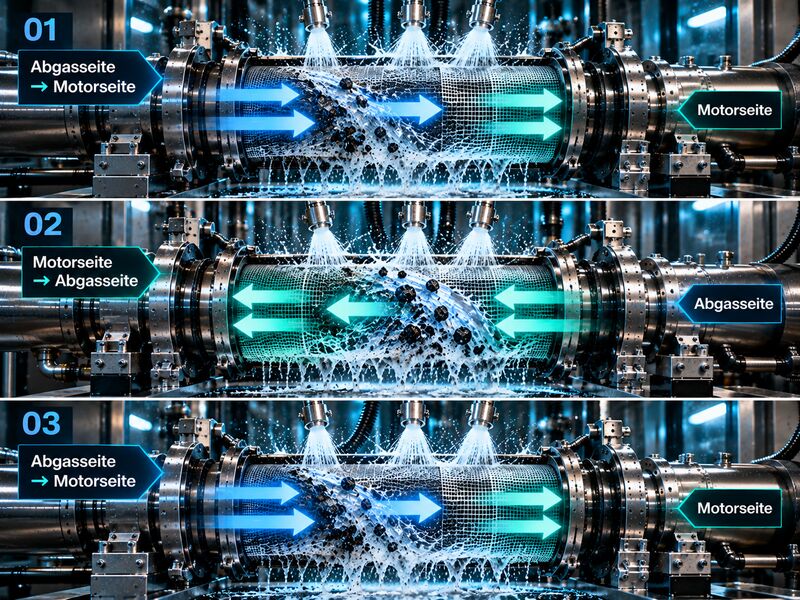 Bidirektionale Wäsche: der Filter wird abwechselnd von der Abgas- und der Motorseite durchspült
