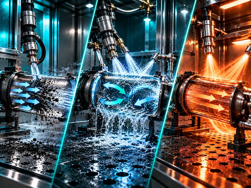 Hybridverfahren in drei Stufen: pneumatische Vorreinigung, bidirektionale Wäsche und thermische Trocknung eines Dieselpartikelfilters