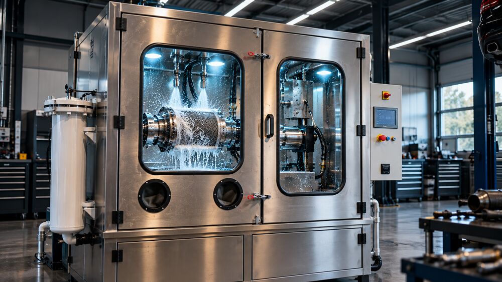 DPF-Reinigungsanlage im Betrieb – Filter eingespannt hinter Sichtfenstern in der Werkstatt